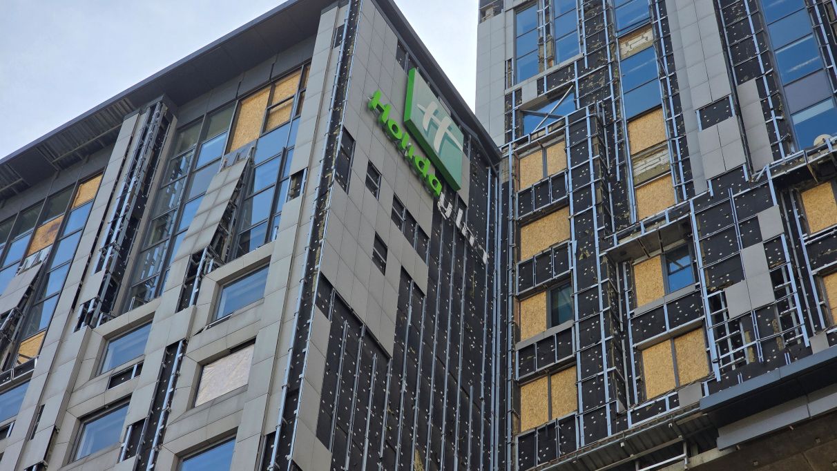 Facade of the Holiday Inn Kyiv Hotel After the Blast Wave